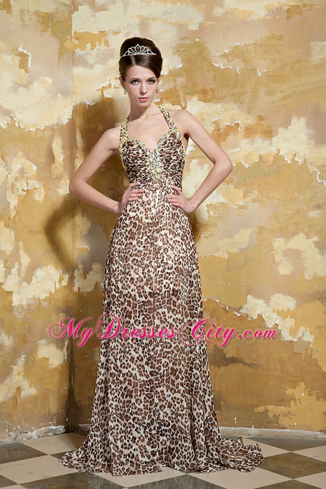 Sexy High Slit Halter Brush Train Leopard Beading Evening maxi dress