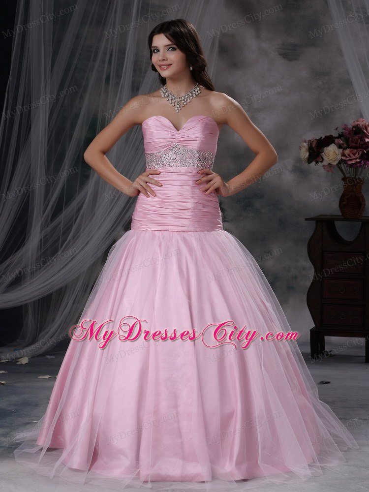 Baby Pink Sweetheart A-line Beaded and Ruched Prom Dress