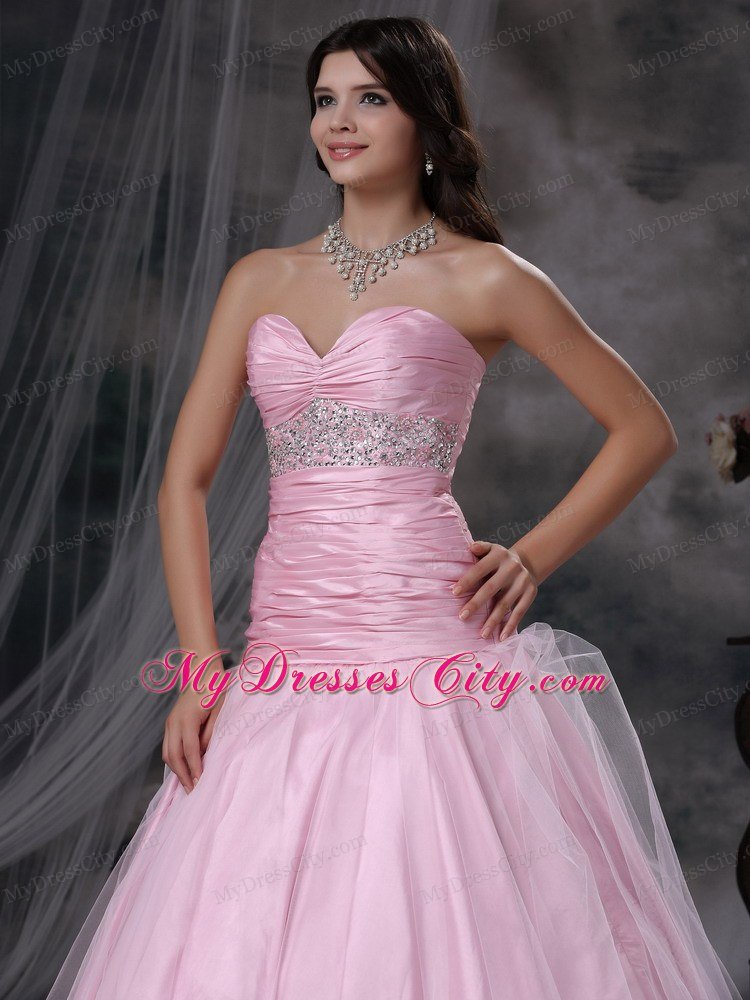 Baby Pink Sweetheart A-line Beaded and Ruched Prom Dress