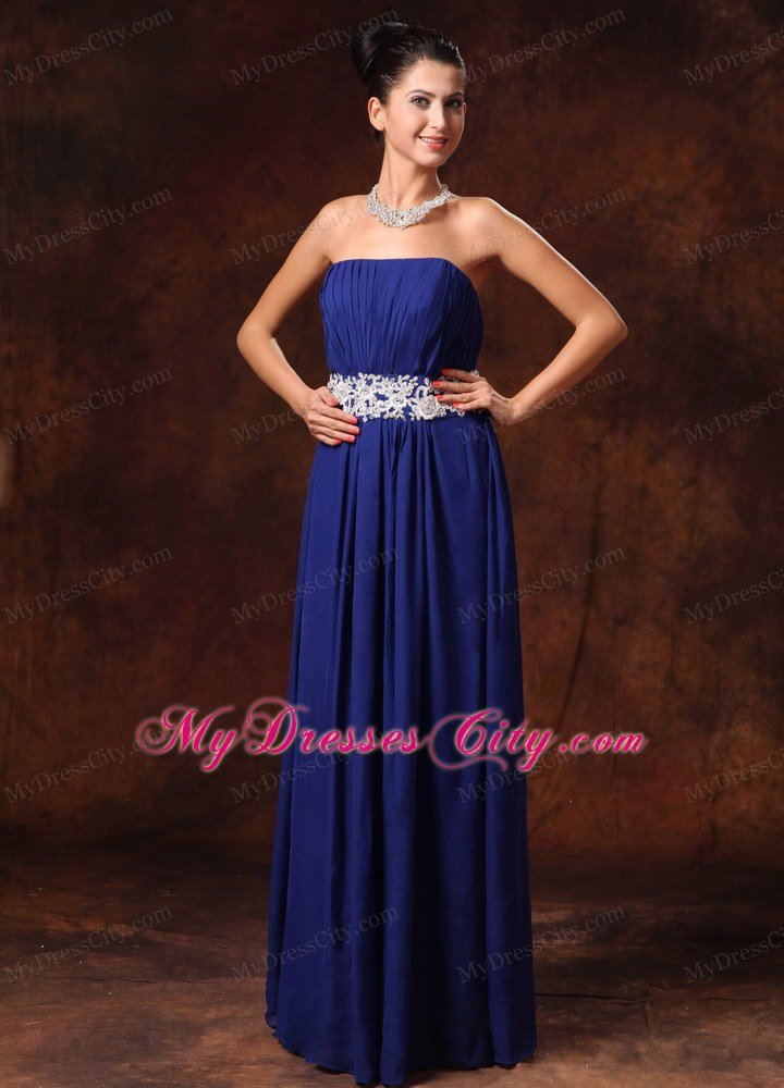 Appliques Waist Blue Chiffon Prom Gown With Lace Up Back