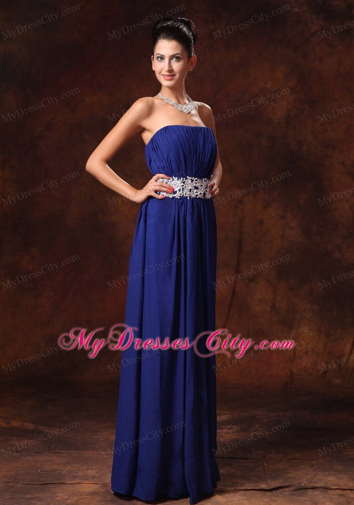 Appliques Waist Blue Chiffon Prom Gown With Lace Up Back