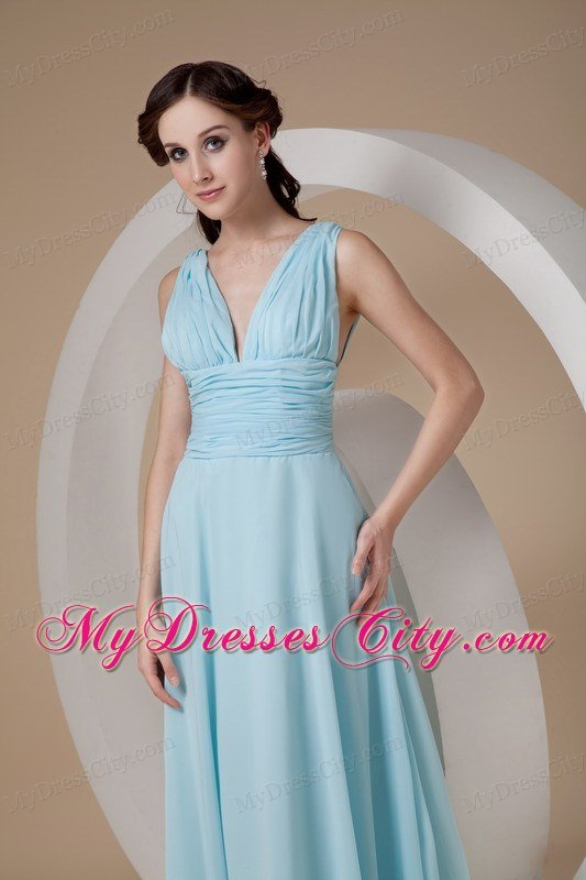 Simple Chiffon Ruched Floor-length Aqua V-neck Prom Dress