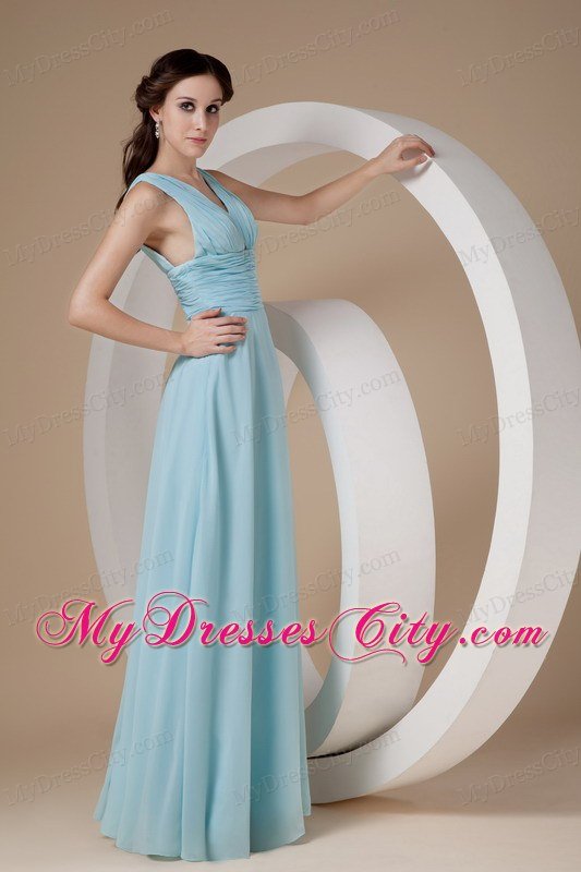Simple Chiffon Ruched Floor-length Aqua V-neck Prom Dress