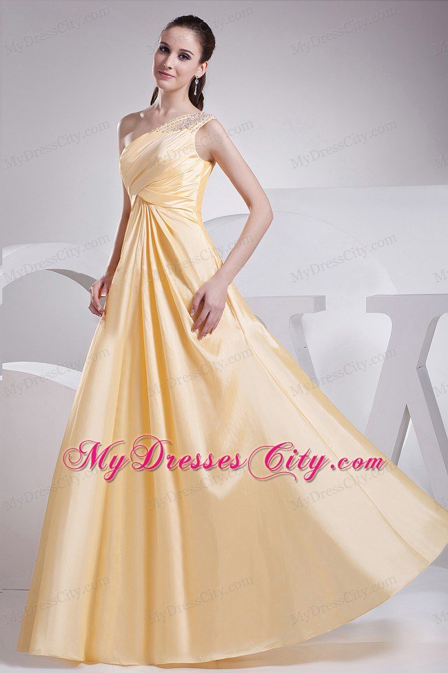 Beading and Ruching Decorated One Shoulder Yellow Prom Dress