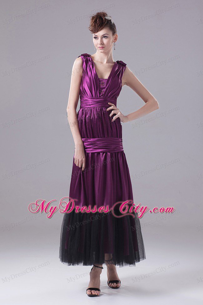 Eggplant Purple Ankle-length Prom Dress With Tulle Hemline