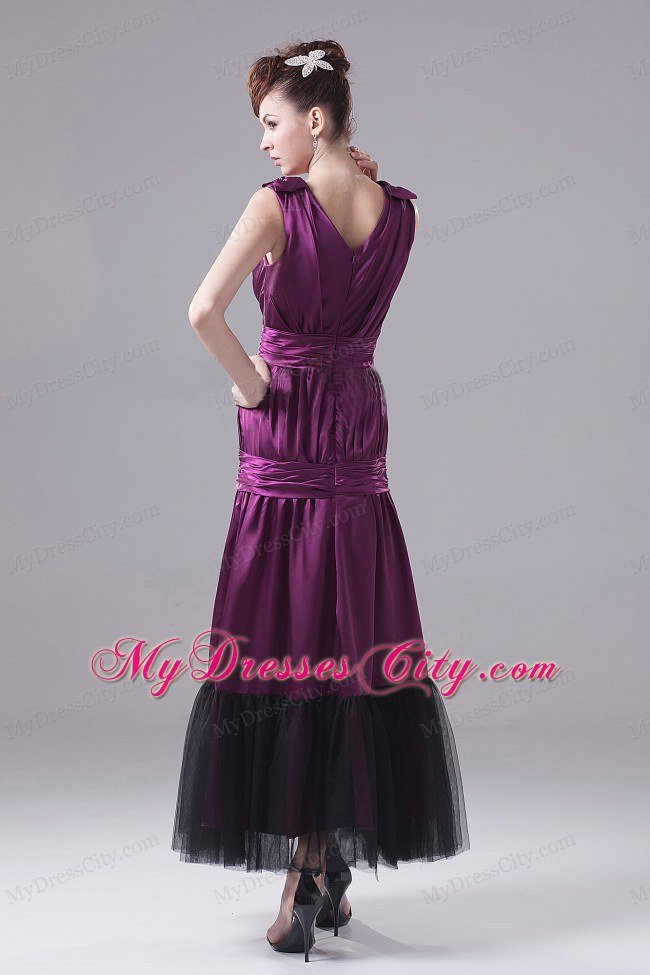 Eggplant Purple Ankle-length Prom Dress With Tulle Hemline
