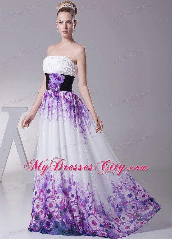 Flowery Printing Prom Dress With Hand Made Flowers and Ruching