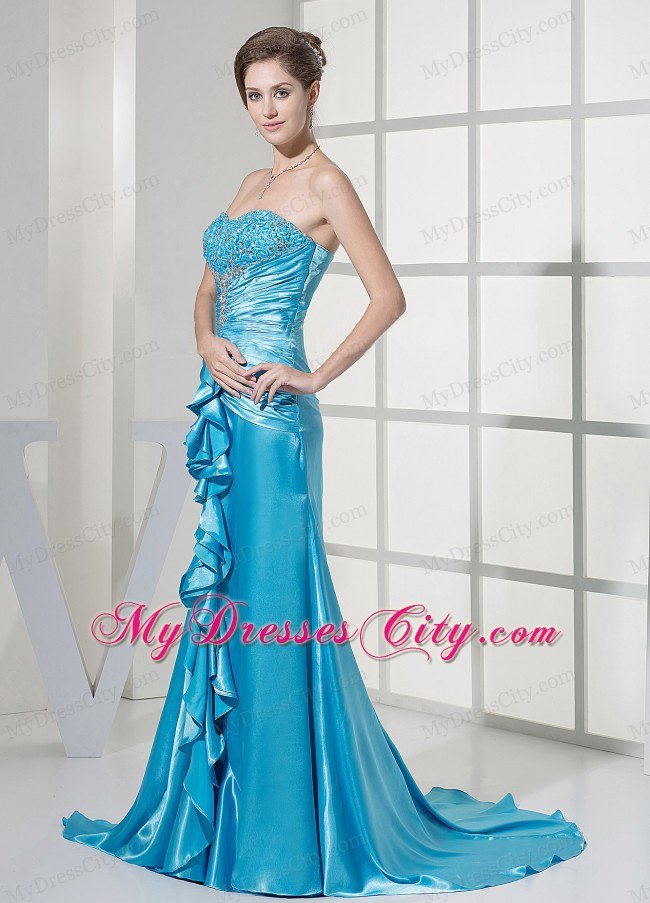 Beaded Decorated Bust and Ruched Bodice Teal Long Prom Gown