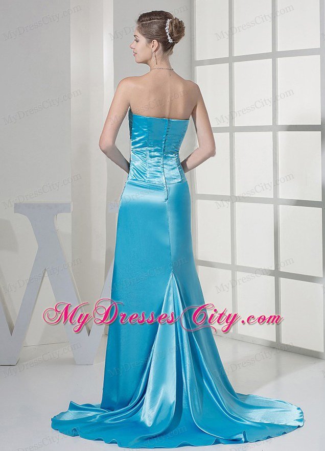 Beaded Decorated Bust and Ruched Bodice Teal Long Prom Gown
