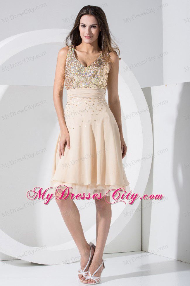 Champagne Knee-length Chiffon V-neck Prom Dress With Sequins