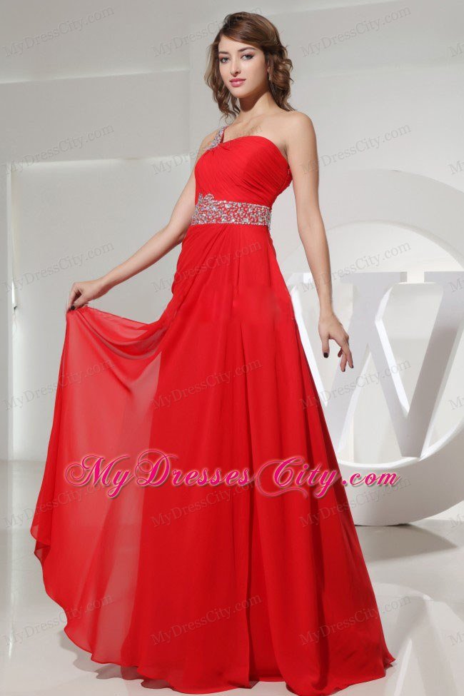 Beaded One Shoulder Red Chiffon Prom Dress for Formal Evening