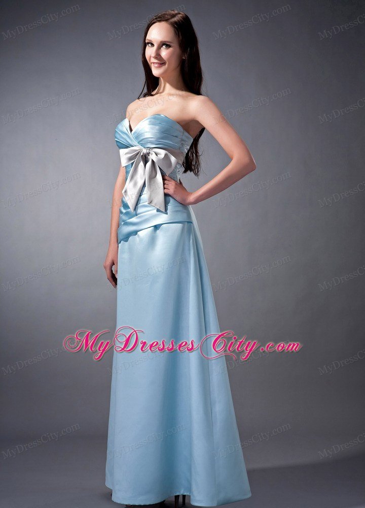 Baby Blue Sweetheart Ruched Prom Dresses Satin with Bow