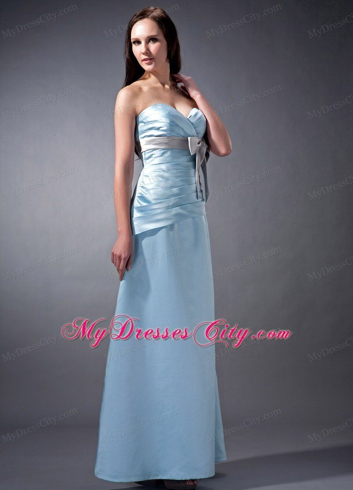 Baby Blue Sweetheart Ruched Prom Dresses Satin with Bow
