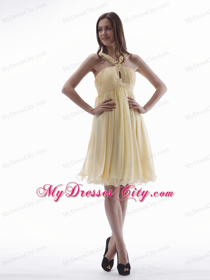 Yellow Beaded V-neck Prom Homecoming Dress with Keyhole