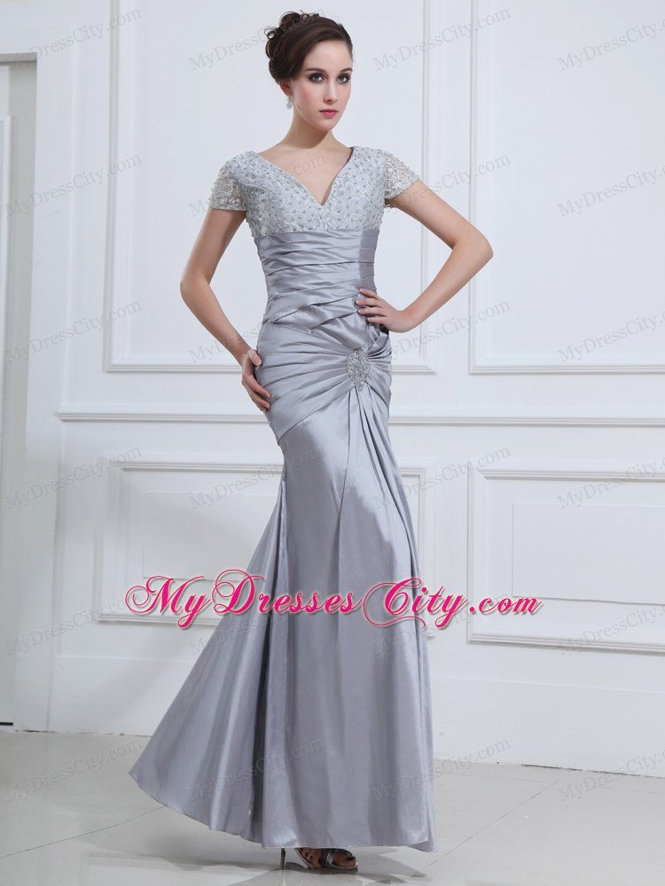 Grey Mermaid V-neck Taffeta Prom Dresses with Short Sleeves