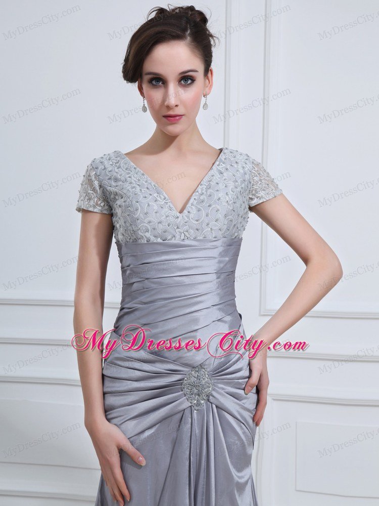 Grey Mermaid V-neck Taffeta Prom Dresses with Short Sleeves