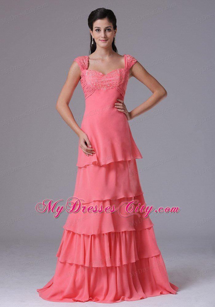Ruffled Layeres Cap Sleeves Prom Dress Watermelon Appliques