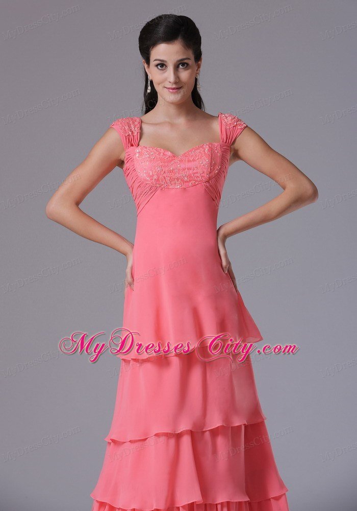 Ruffled Layeres Cap Sleeves Prom Dress Watermelon Appliques