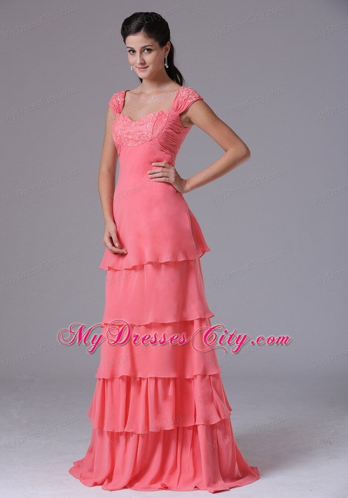 Ruffled Layeres Cap Sleeves Prom Dress Watermelon Appliques