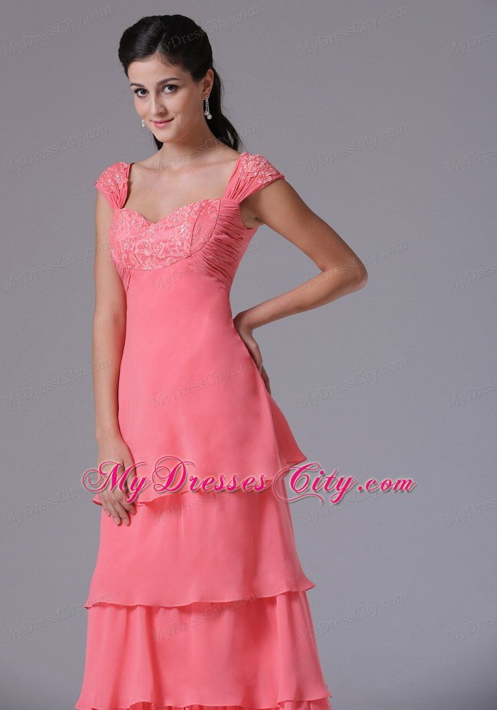 Ruffled Layeres Cap Sleeves Prom Dress Watermelon Appliques