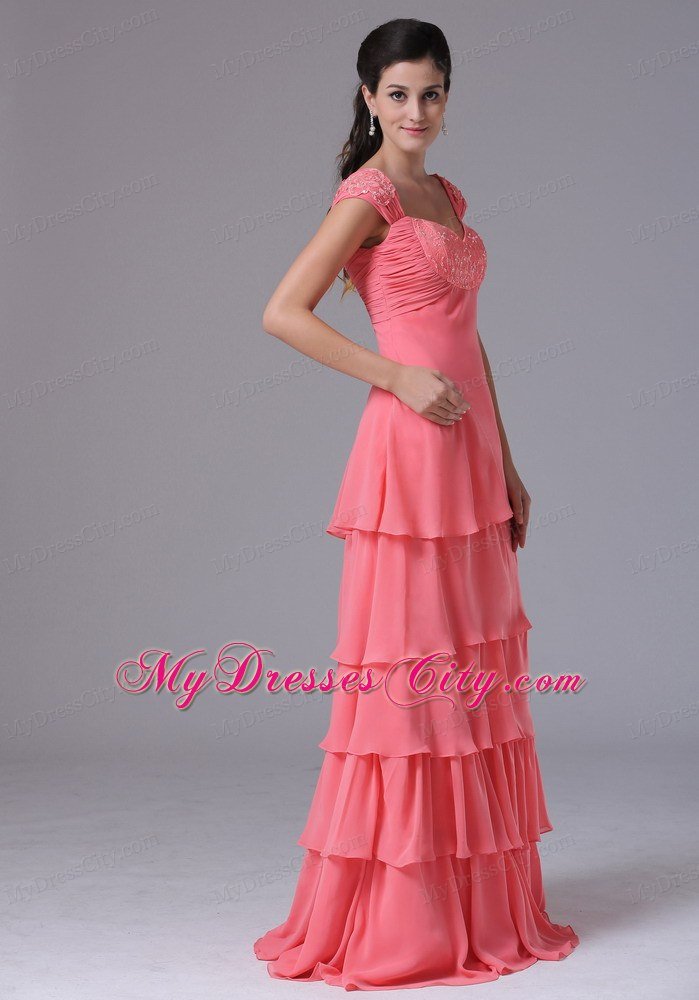 Ruffled Layeres Cap Sleeves Prom Dress Watermelon Appliques