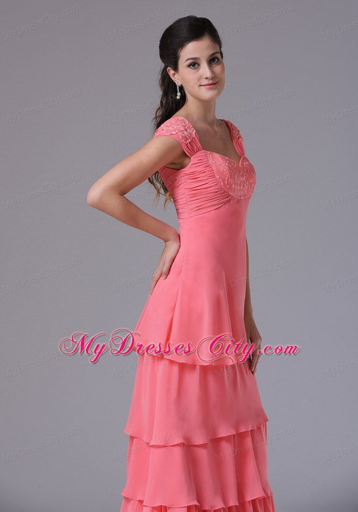 Ruffled Layeres Cap Sleeves Prom Dress Watermelon Appliques