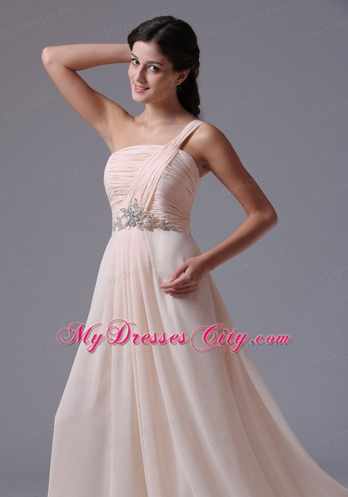 Ruching One Shoulder Baby Pink Chiffon Prom Evening Dress Beaded