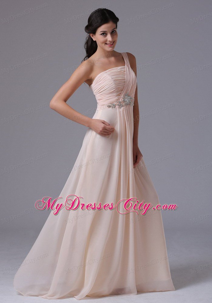 Ruching One Shoulder Baby Pink Chiffon Prom Evening Dress Beaded