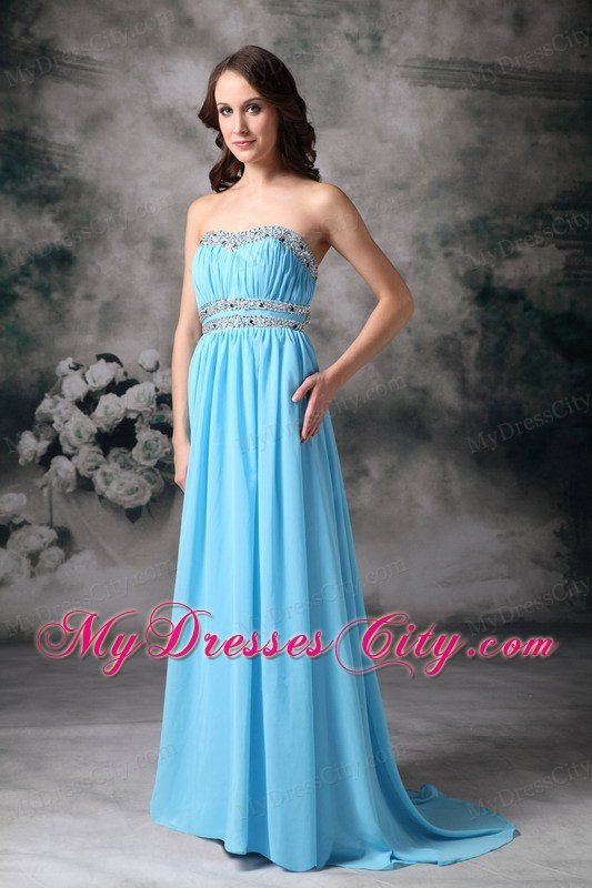 Baby Blue Beading Pleated Chiffon Prom Dress with Cutout Back