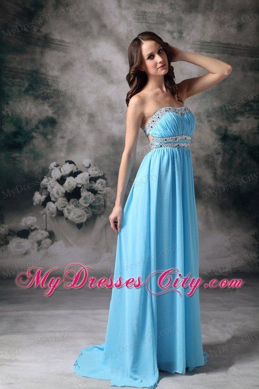 Baby Blue Beading Pleated Chiffon Prom Dress with Cutout Back