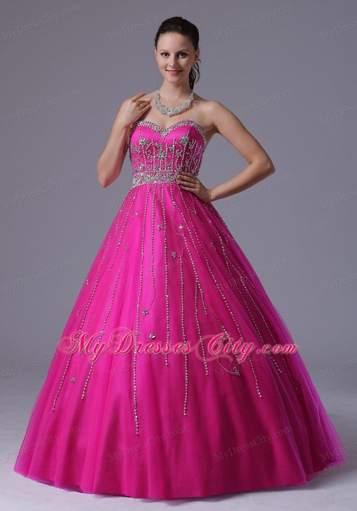 Fuchsia Beaded Sweetheart Corset Back Tulle Prom Dress 2014