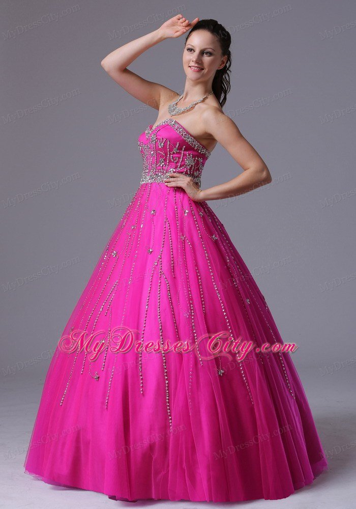Fuchsia Beaded Sweetheart Corset Back Tulle Prom Dress 2014