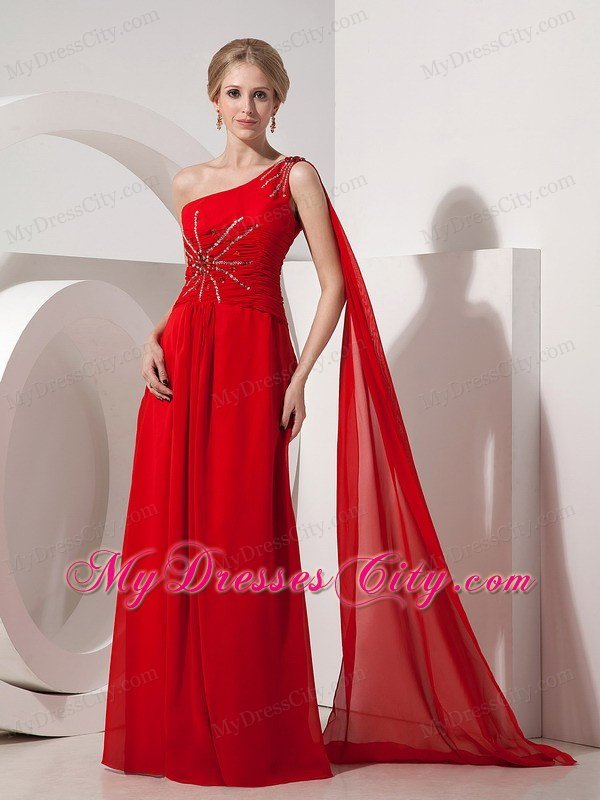 Red Sheath Prom Evening Dress with Chiffon Beaded One Shoulder