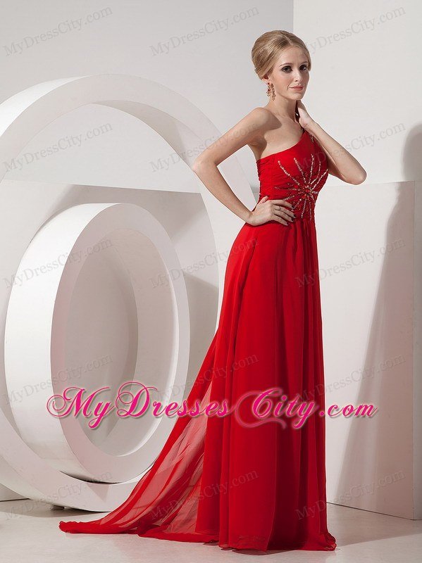 Red Sheath Prom Evening Dress with Chiffon Beaded One Shoulder
