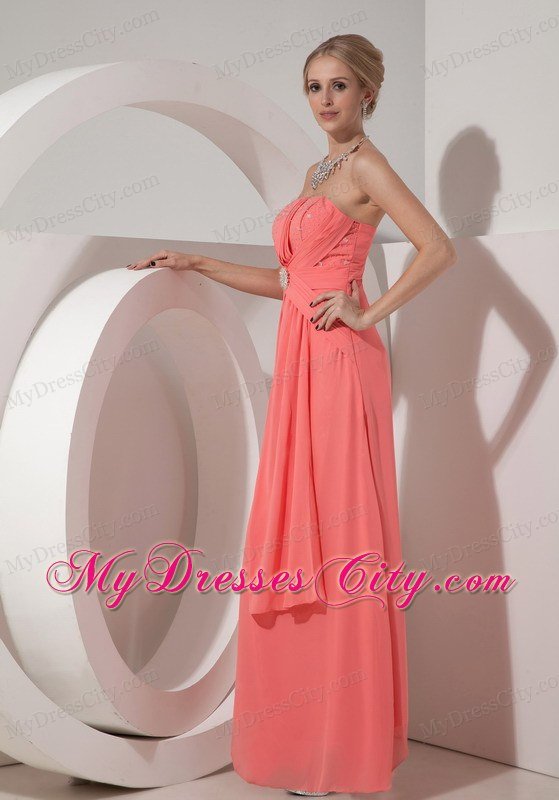 2013 Beaded Chiffon Prom Dress Watermelon Red with Back Out