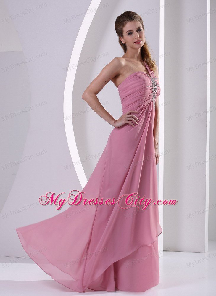 One Shoulder Chiffon Ruched Prom Evening Dress Rose Pink