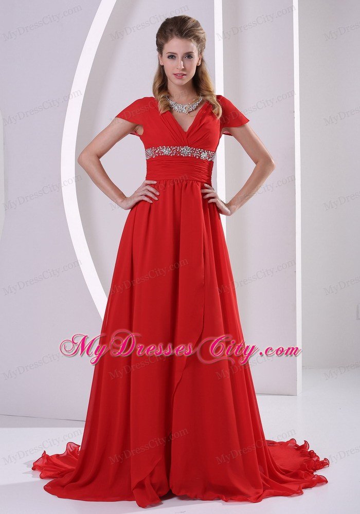 Red V-neck Prom Dress Beaded Chiffon 2013 With Cap Sleeves
