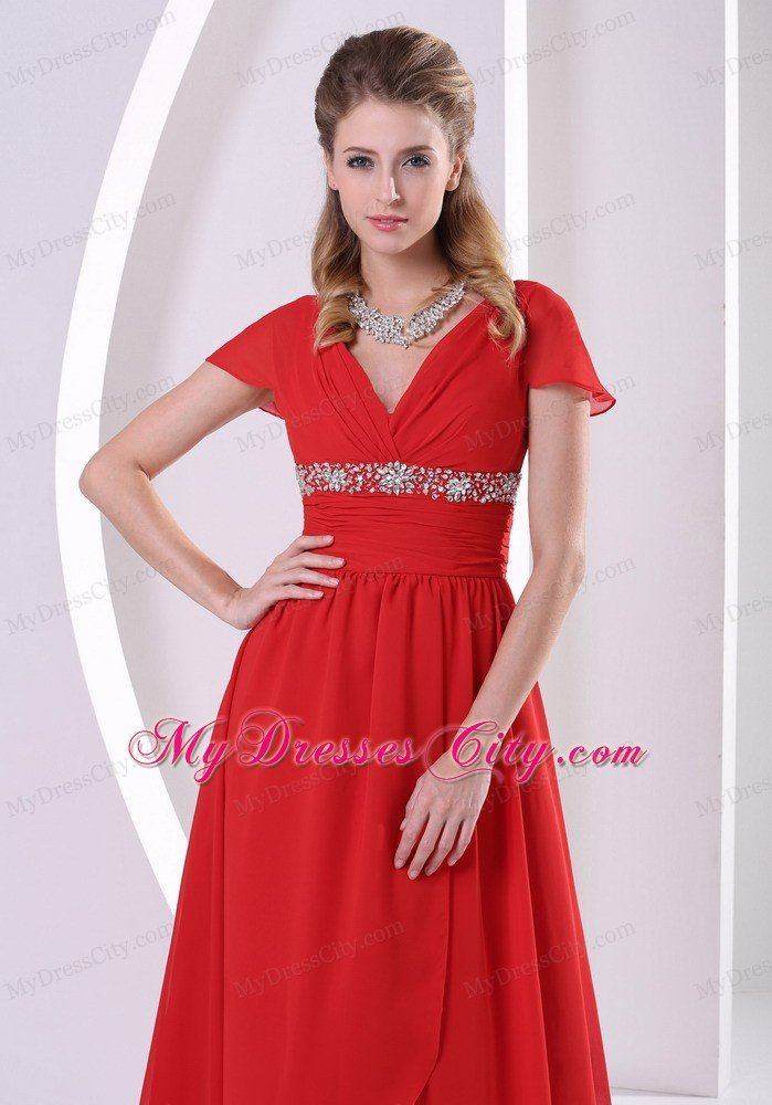 Red V-neck Prom Dress Beaded Chiffon 2013 With Cap Sleeves