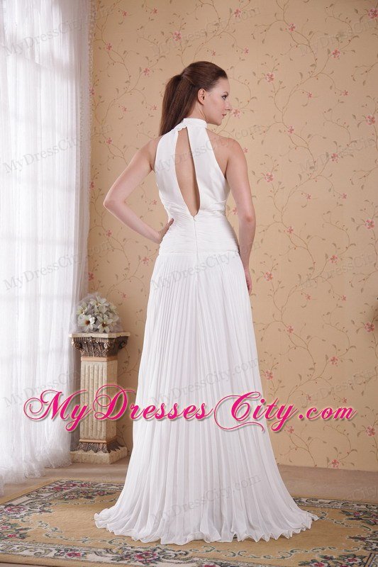 High-neck Pleated White Prom Dress with Peekaboo Keyhole