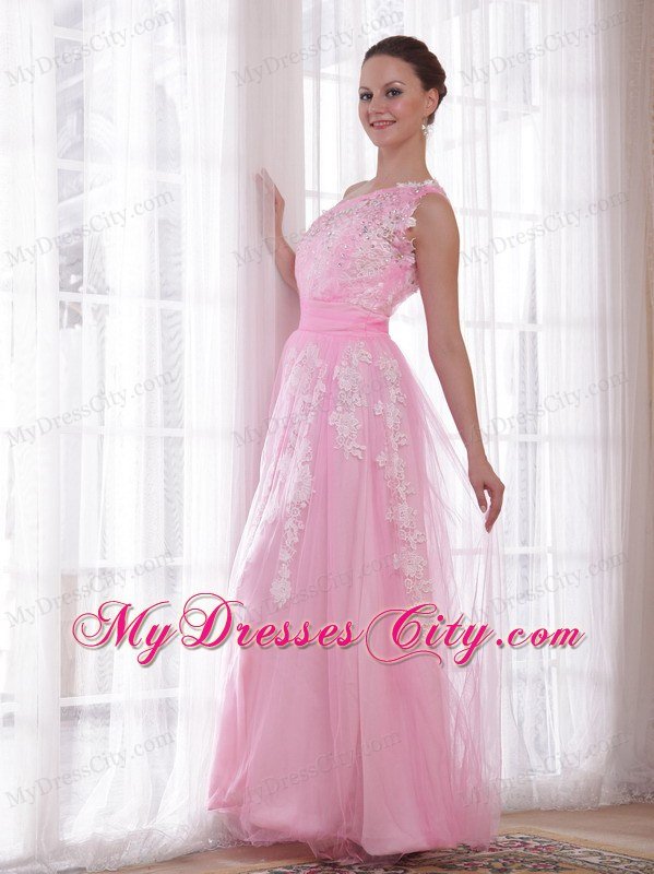 Embroidery Rhinestones Prom Evening Dress Pink One Shoulder
