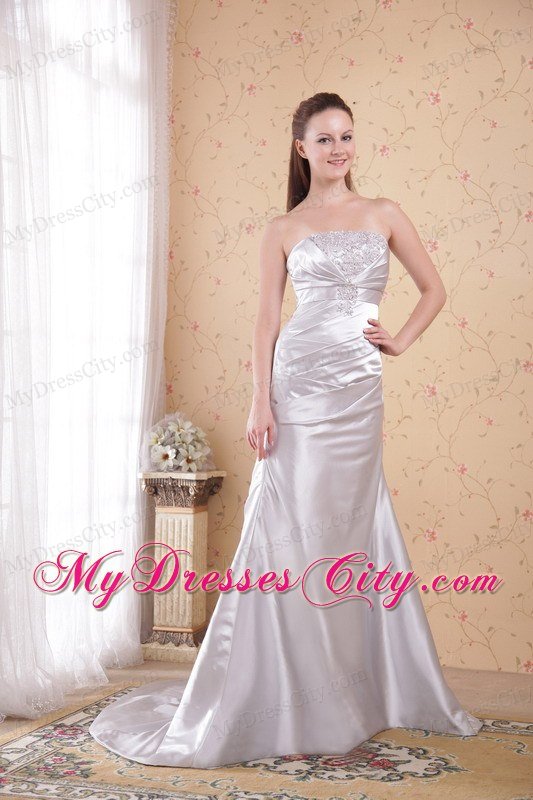 Appliques Grey Court Train Satin Ruching Prom Evening Dress