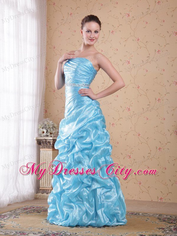 Asymmetrical Ruched Aqua Blue Organza Beading Prom Dresses