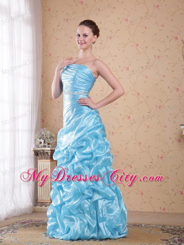Asymmetrical Ruched Aqua Blue Organza Beading Prom Dresses