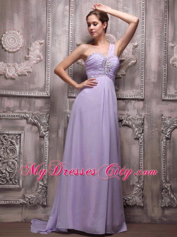 Chiffon One Shoulder Lilac Beading Prom Gowns Brush Train