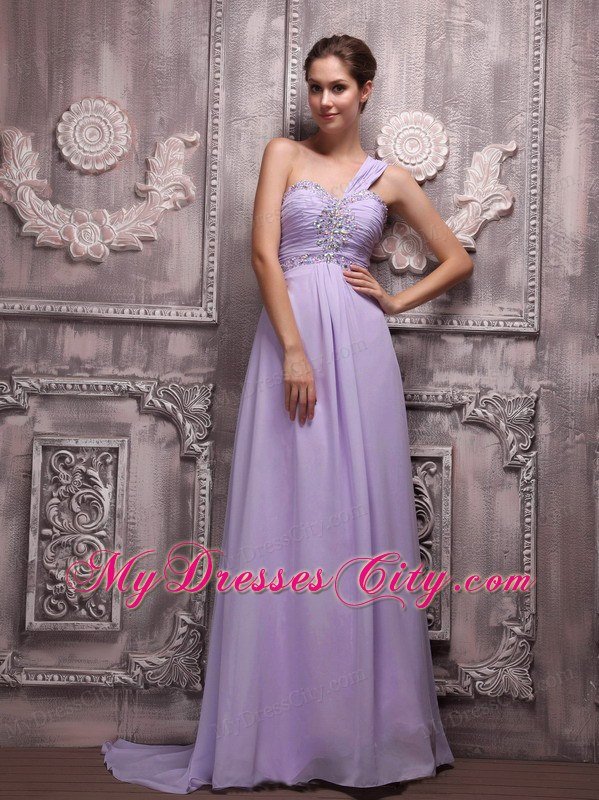Chiffon One Shoulder Lilac Beading Prom Gowns Brush Train