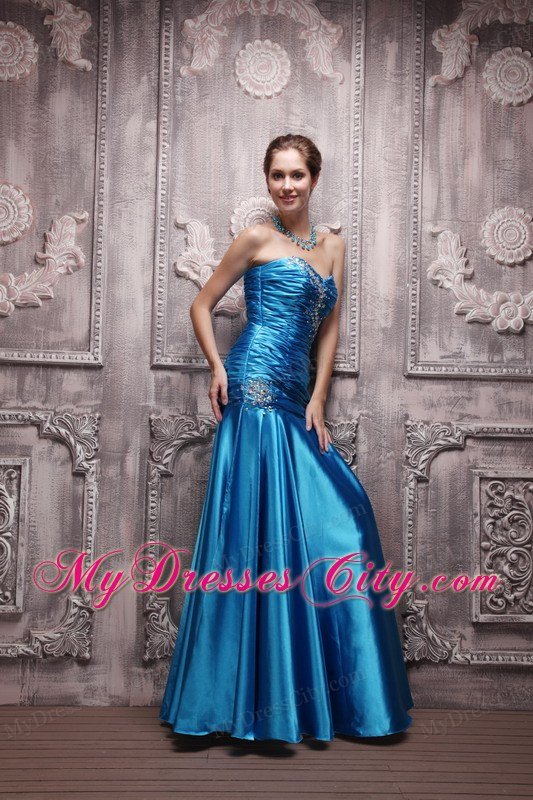 Pleated Blue Beaded Ruching Prom Dress Taffeta Sweetheart