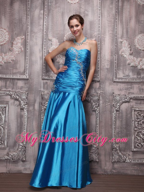 Pleated Blue Beaded Ruching Prom Dress Taffeta Sweetheart