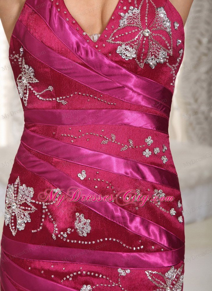 Embroidery Fuchsia Halter Prom Dress Taffeta Train with Bowknot