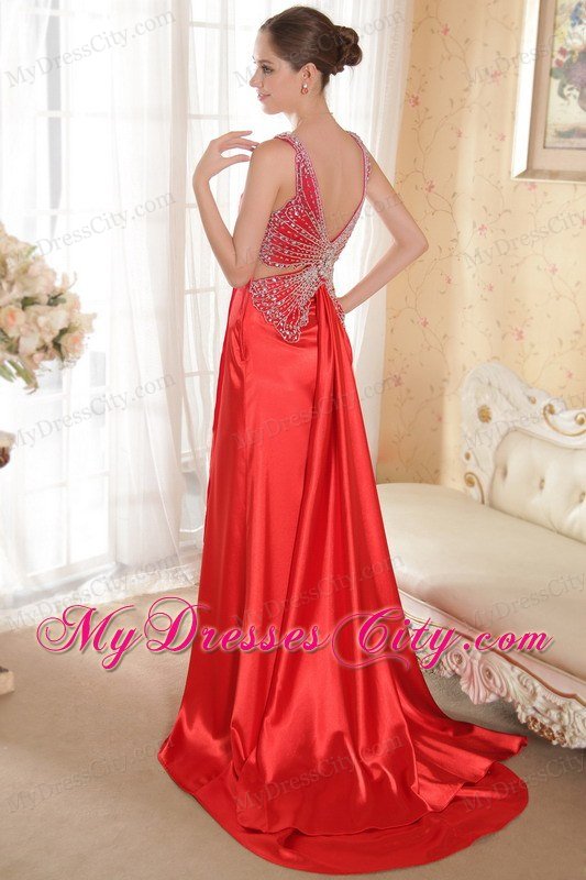 Gorgeous Red V-neck Brush Train Beaded Prom Dress with Backless