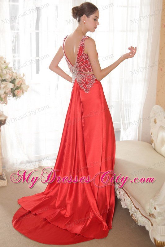 Gorgeous Red V-neck Brush Train Beaded Prom Dress with Backless
